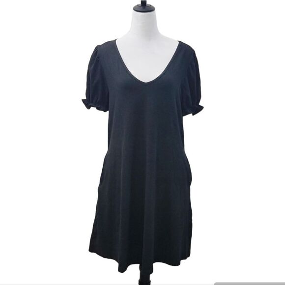 Knee-length Solid Black Dress V Neck Puff Sleeves Short Sleeves Fall Dress - L - Picture 1 of 7